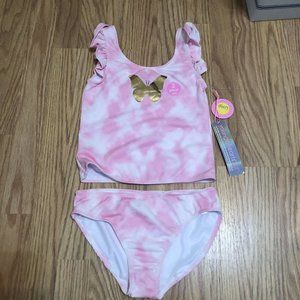 young heart swim girls 2 piece  set pink and white ruffle trim gold butterfly 12